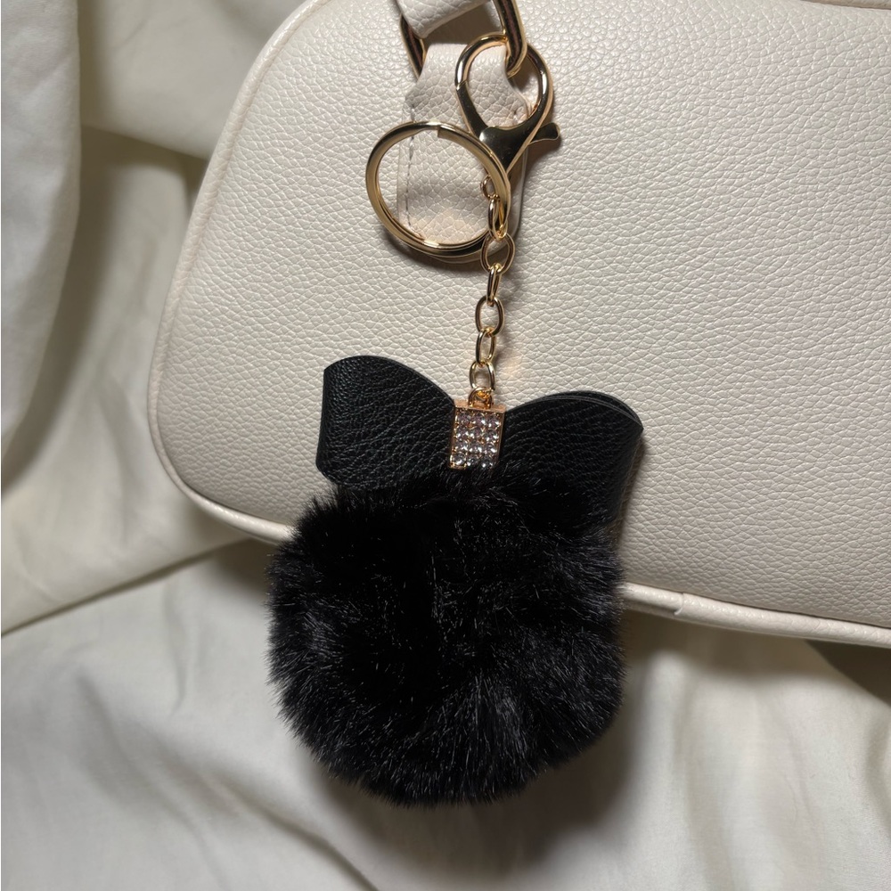 Black Fluffy Rhinestone Bow Pom Pom Keychain Bag Charm